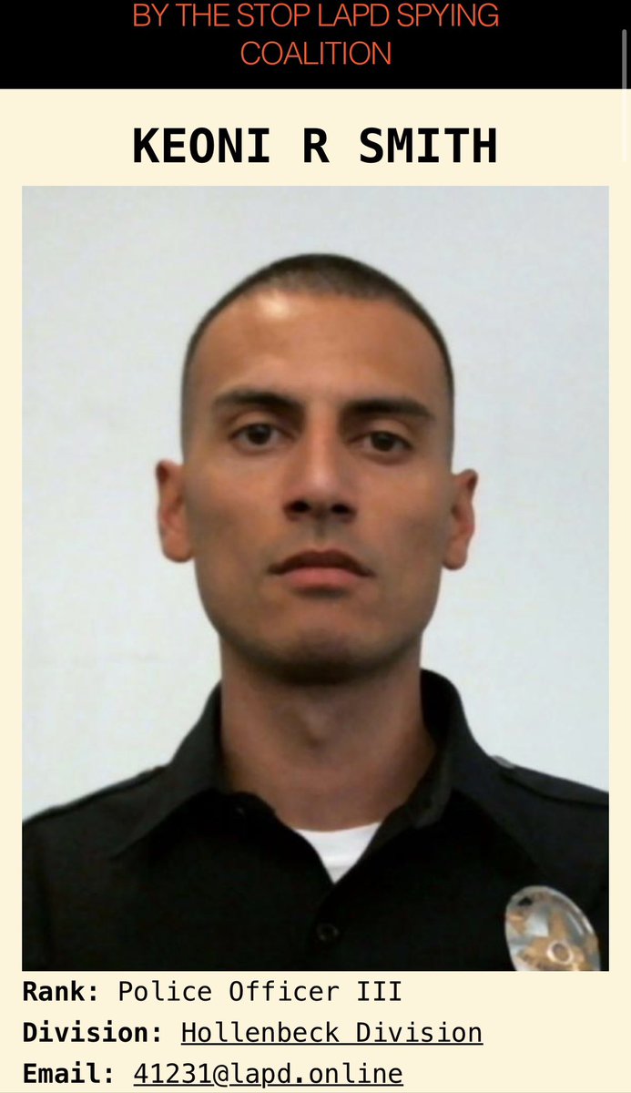 FilmThePoliceLA's tweet photo. Keoni Smith, the second cop that shot, had an “out of policy” less lethal use of force in the past. Also an administrative disapproval for tactics. 

Little has changed. https://t.co/DXBC422x6j