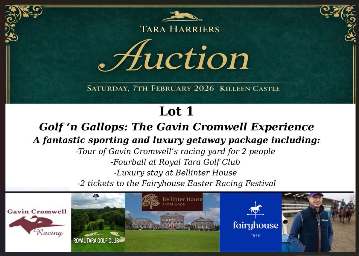 stiofaindillon's tweet photo. Golf 'n Gallops: The Gavin Cromwell Experience A fantastic sporting and luxury getaway package

 To enter contact taraharriershuntclub@gmail.com or
Maolíosa +353851979717

@DavidJenningsRP 
@RacingTV 
@AtTheRaces 
@Fairyhouse 
@killeencastle
@gavincromwell1 https://t.co/ob89wRzmgR