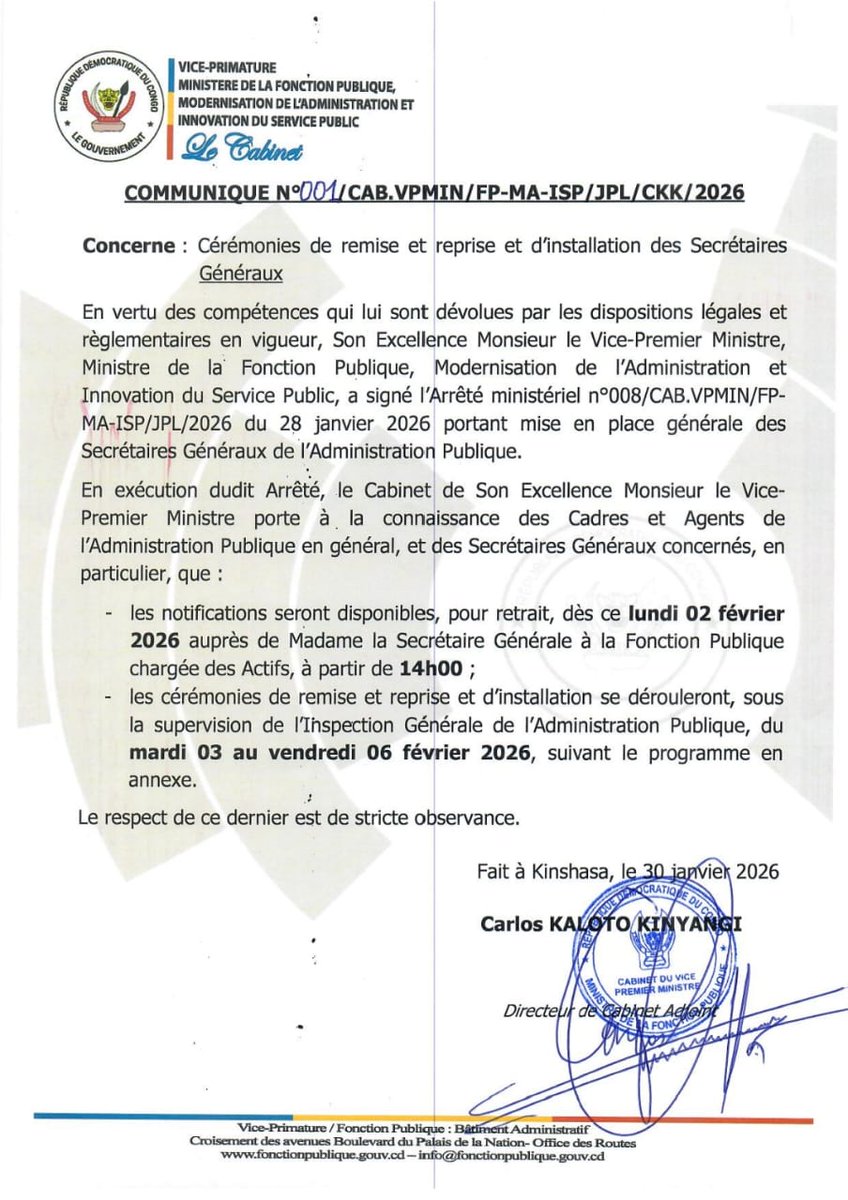 #FonctionPubliqueRDC | 
Consécutivement à la signature de l'Arrêté portant mise en place générale des Secrétaires Généraux par S.E.M le VPM Jean-Pierre <a href="/LihauEbua/">Jean-Pierre LIHAU</a>, en vertu notamment de l'article 74 alinéa 2 de la Loi nº 25/046 du 1ᵉʳ juillet 2025 portant Statut des Agents de