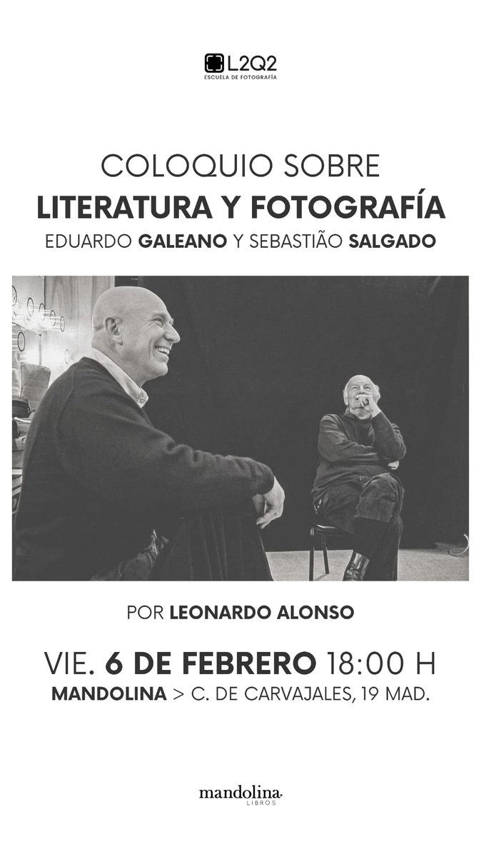 Cultura_MDRD's tweet photo. viernes 6 de febrero
Coloquio sobre Literatura y Fotografía en Mandolina (Carvajales, 19) ⏰18 h moderado por Leonardo Alonso #literatura #fotografía #nosgustalafotografia #nosgustalaliteratura #coloquio https://t.co/9fSJ3IixOz