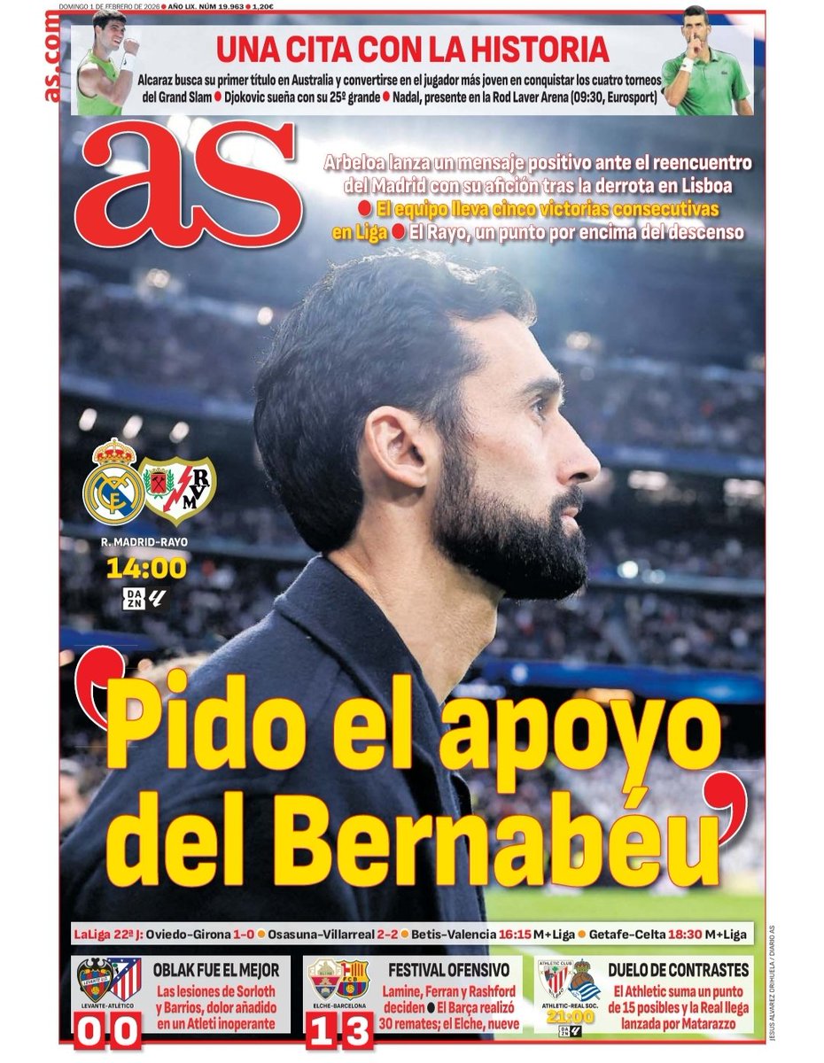 AsFoto_Orihuela's tweet photo. Foto de #Portada del @diarioas (01-02-26): @aarbeloa17: "Pido el apoyo del Bernabéu 🗞📰 #portadaAS #RealMadridRayo
・
・
・
#RMLiga #HalaMadrid #RMFans #RealMadrid #madridistas #Bernabéu #LaLiga #football #soccer #cover #frontpage #fútbol #calcio #giornale #Canon #DiarioAS https://t.co/LXetrZrSHz