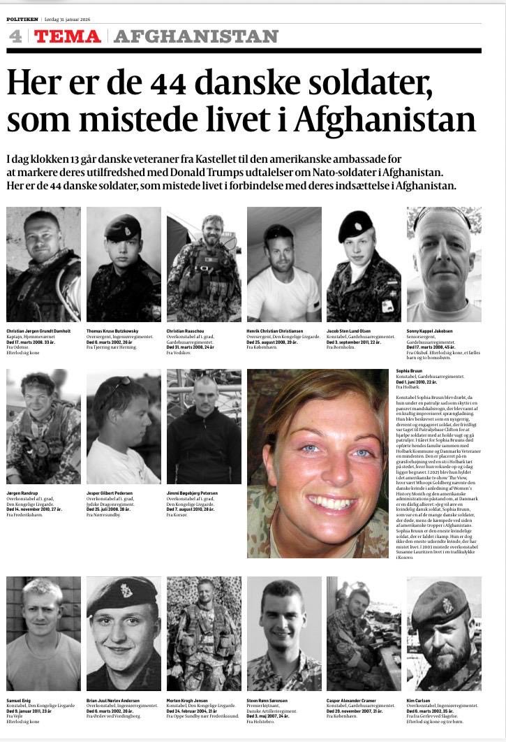 ishaantharoor's tweet image. Such is the outrage in Denmark over both Trump’s desire for Greenland and disparaging remarks about NATO that one of the country’s leading newspapers devoted their Saturday front and plenty of room inside to the bios of all 44 Danes slain during NATO missions in support of the US