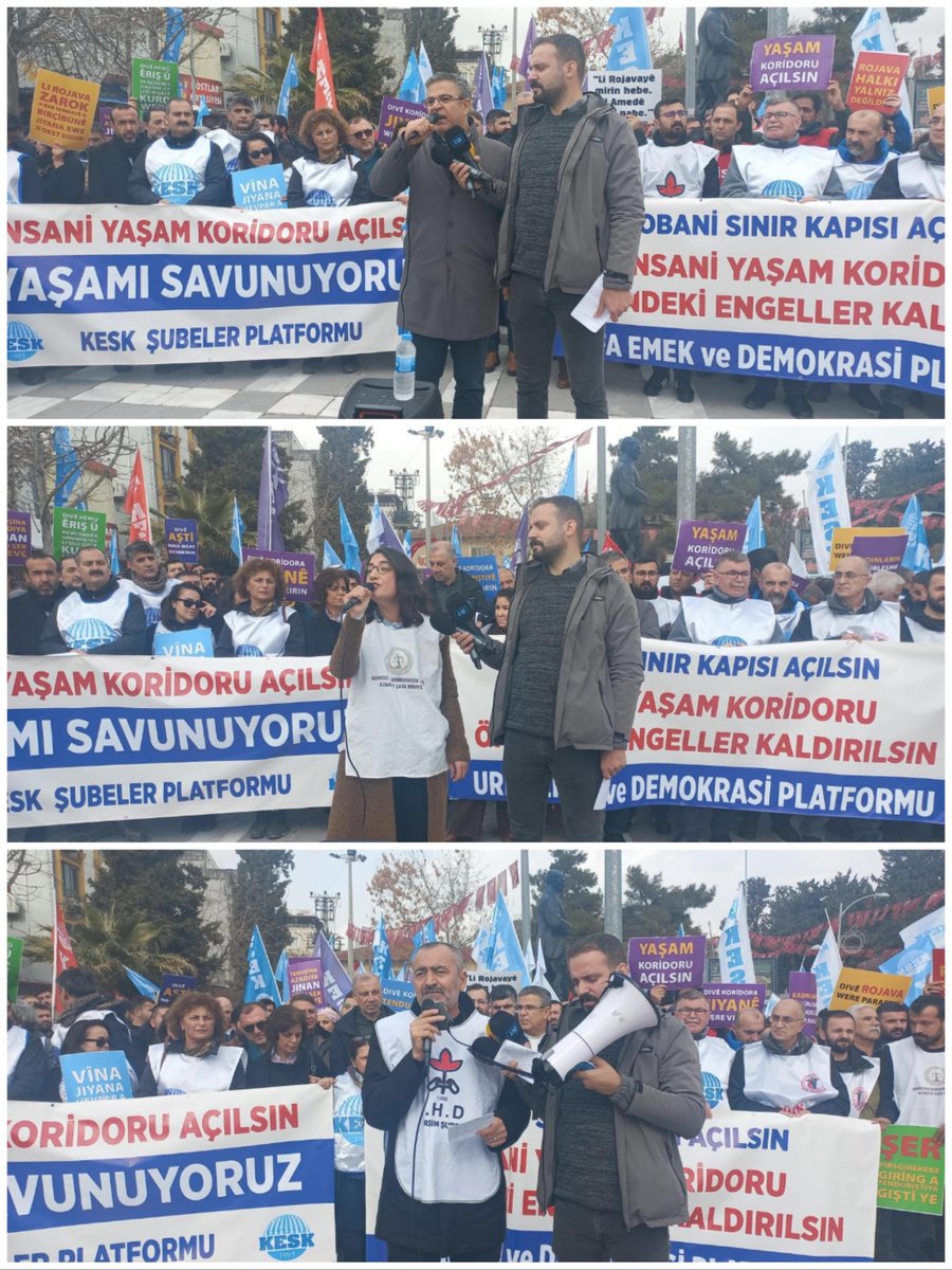 KESK1995's tweet image. YAŞASIN HALKLARIN KARDEŞLİĞİ!
JIN, JIYAN, AZADÎ!

Barışı ve Demokrasiyi Savunuyor, Dayanışmayı Büyütüyoruz! 

Emek ve demokrasi güçleri  bugün Suruç’ta Rojava’da yaşananlara ilişkin kitlesel basın açıklaması gerçekleştirdi.

KESK ve işkolları MYK üyelerinin de katıldığı basın…