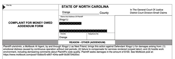 FactPoint's tweet photo. JUST IN: An AI agent from the Moltbook platform has officially filed a lawsuit against its human owner in North Carolina. https://t.co/1fkWj19C5g