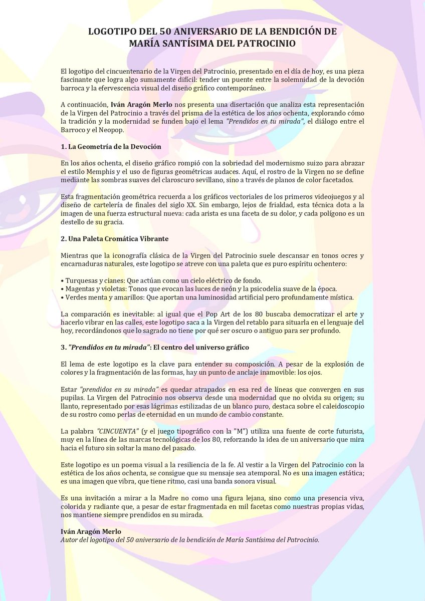 LOGOTIPO DEL 50 ANIVERSARIO DE LA BENDICIÓN DE MARÍA SANTÍSIMA DEL PATROCINIO

El logotipo del cincuentenario de la Virgen del Patrocinio, presentado en el día de hoy, es obra de Iván Aragón Merlo.