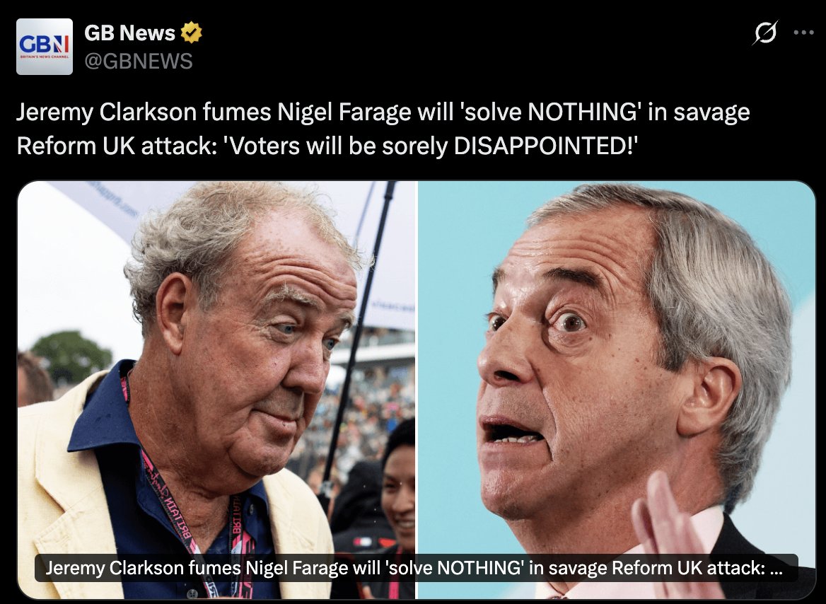 Landeur's tweet image. Jeremy Clarkson and John Cleese both coming out against Farage is pretty significant.

It's significant because these are figures the older Reform supporters WILL listen to.

I think they're at the 'I'm running out of time' stage and worried about those they leave behind.