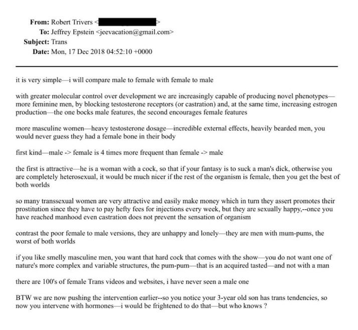 Epstein et l’idéologie transgenre : au-delà du trafic sexuel

Jeffrey Epstein ne se limitait pas au trafic de mineures : des emails montrent qu’on lui présentait aussi le concept d’« enfants transgenres » et les stratégies pour normaliser cette idéologie de genre radicale.