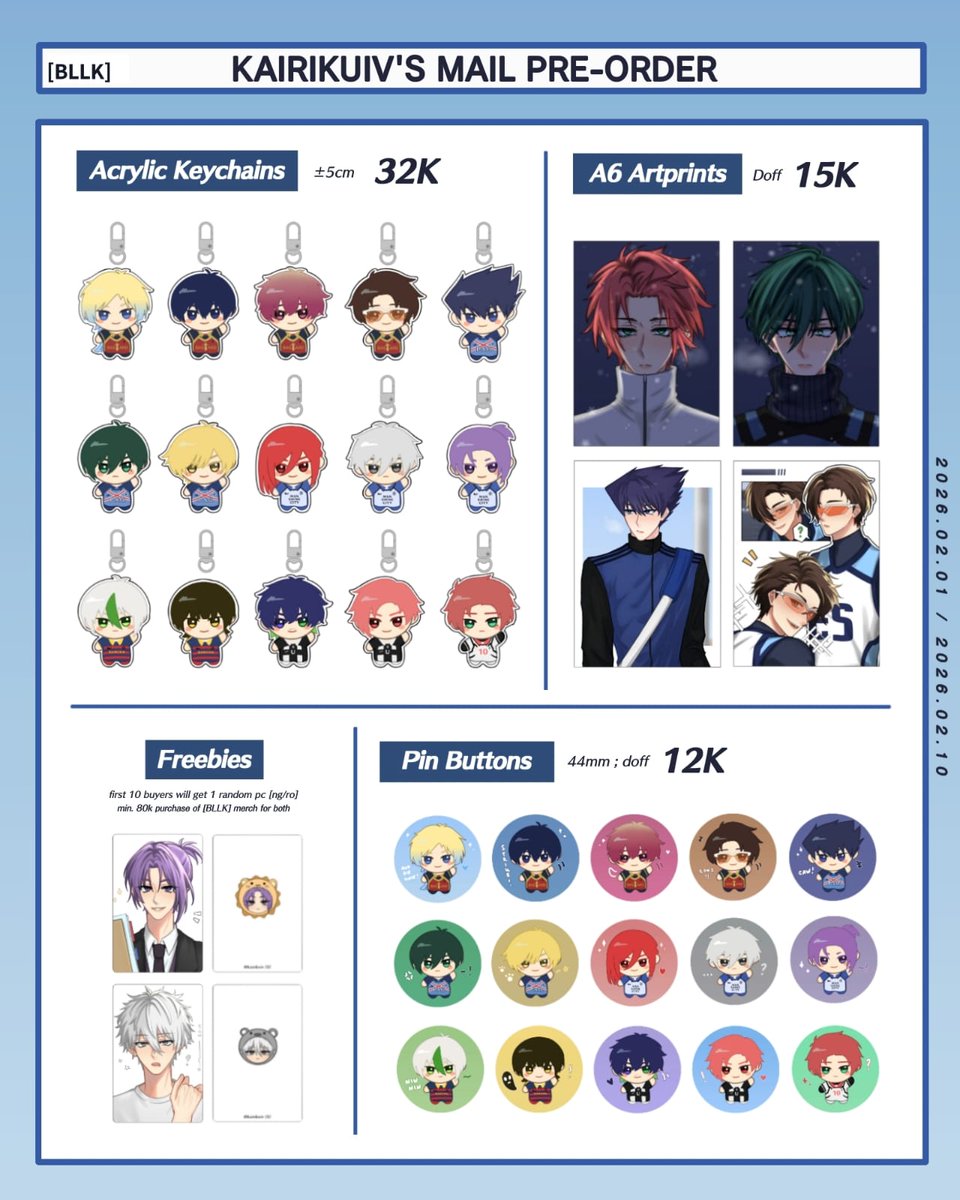 [Likes n rts are very appreciated]

<a href="/kairikuiv/">Kairi • GA + PO 📌</a>'s fanmerch pre-order ☆ ˖ ˙ ∘

📅 Feb 1 - Feb 10
📌 Sakamoto Days, Blue lock, YCH
🔗 form.jotform.com/kairikuiv/mail…

☆ More information below ⬎