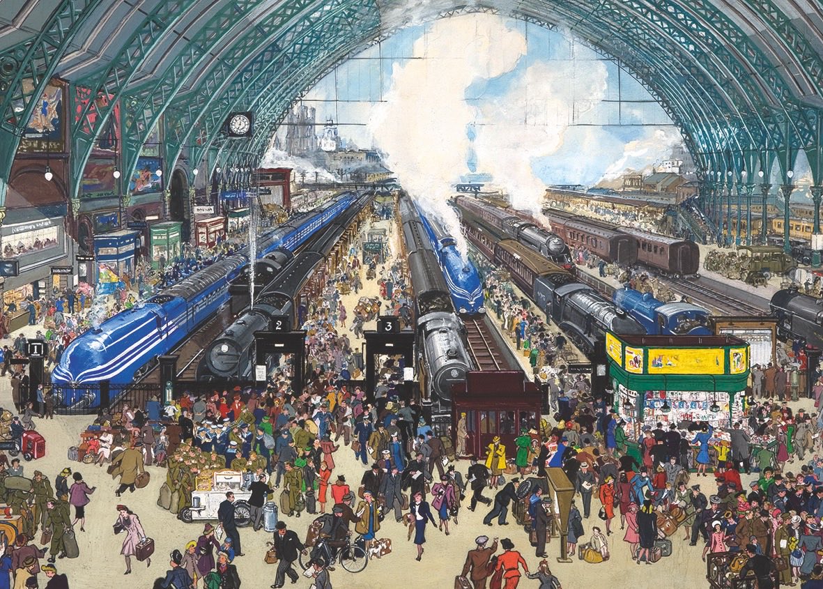 Grace Golden (1904-93)
‘Railway Terminus’ 
Busy picture  
English Illustrator and Historian 
Her painting came about after she was left a small legacy enabling her to paint full time