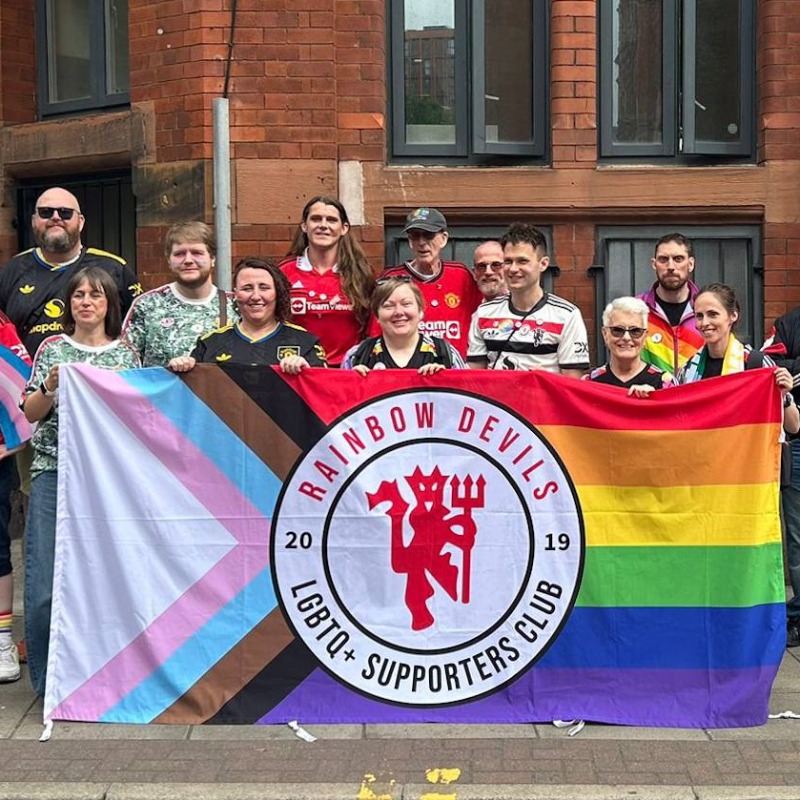 ManUtd's tweet photo. LGBTQ+ football supporters’ groups from across the North West of England, including our very own @RainbowDevils, have come together to launch the North West LGBTQ+ Supporters' Club Alliance ❤️
