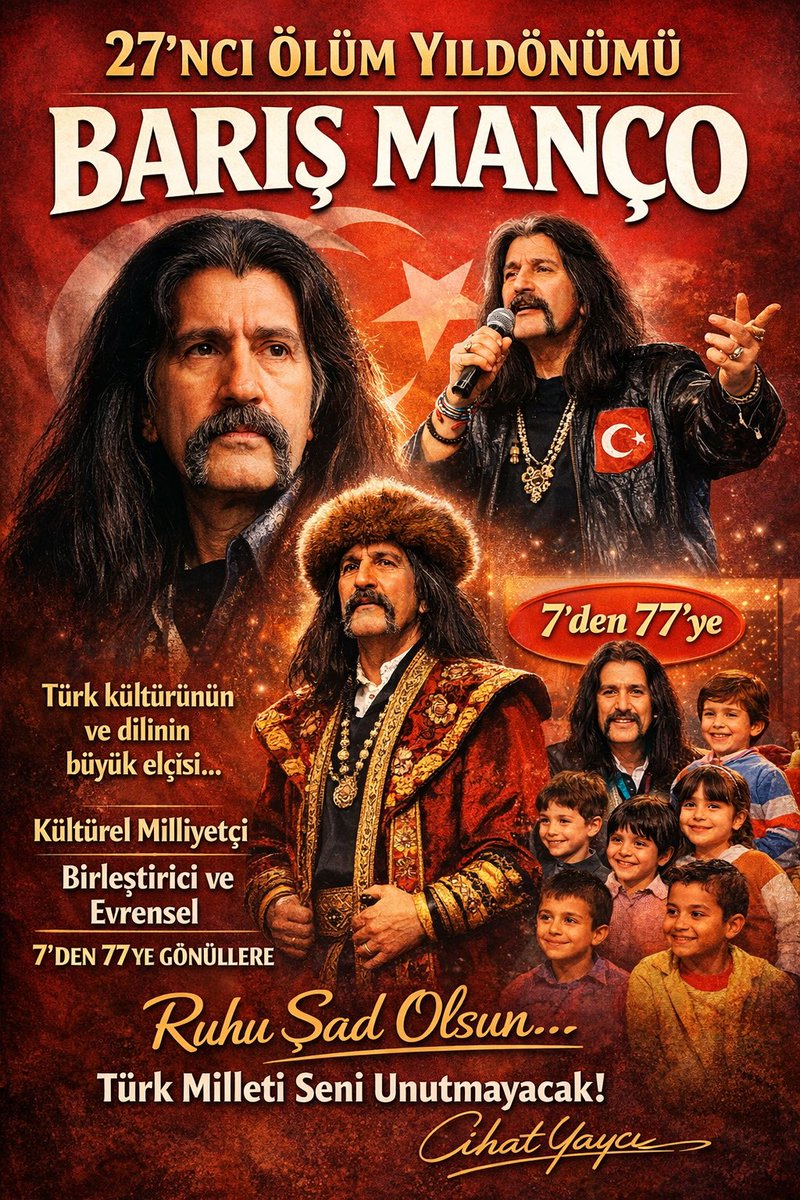 Cihat Yaycı; 
🇹🇷Bugün, Türk Milletinin kültürünü, tarihini ve dilini nota nota, söz söz geleceğe taşıyan büyük bir değerin 27’nci ölüm yıldönümü.

Barış Manço, Türk olmayı sloganla değil;
yaşayarak, anlatarak ve sevdirerek öğreten bir münevverdi.

Onun milliyetçiliği; 
ırkçı