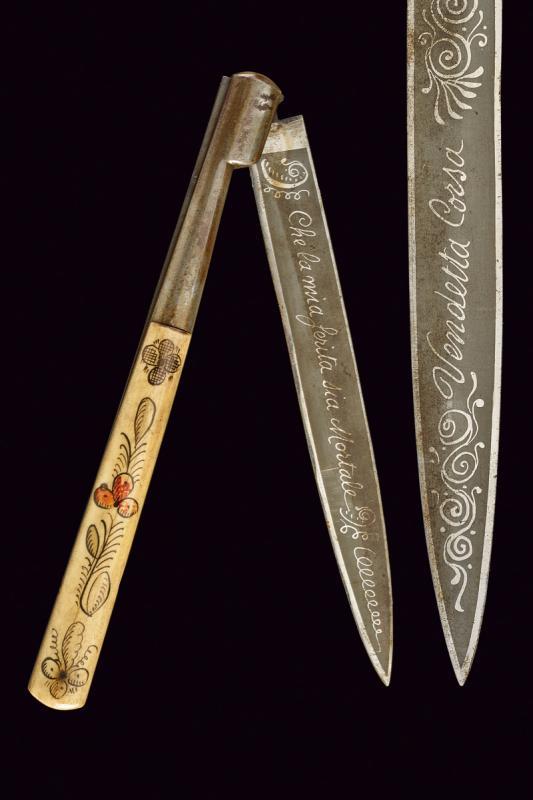 archaeologyart's tweet image. Corsican -Vendetta- (Blood Feud) Knife. Date: Early 20th century. Medium: Acid-etched steel blade, polychrome painted and engraved bone handle. Collection: Czerny’s International Auction House.

"Che la mia ferita sia Mortale."

This phrase translates to "May the wound I inflict