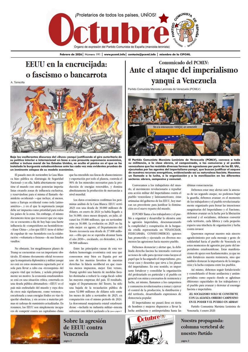 Ya disponible la edición de febrero del periódico Octubre. Cada día es más necesario leer y difundir prensa obrera, crítica y revolucionaria. 
pceml.info/wp-content/upl…