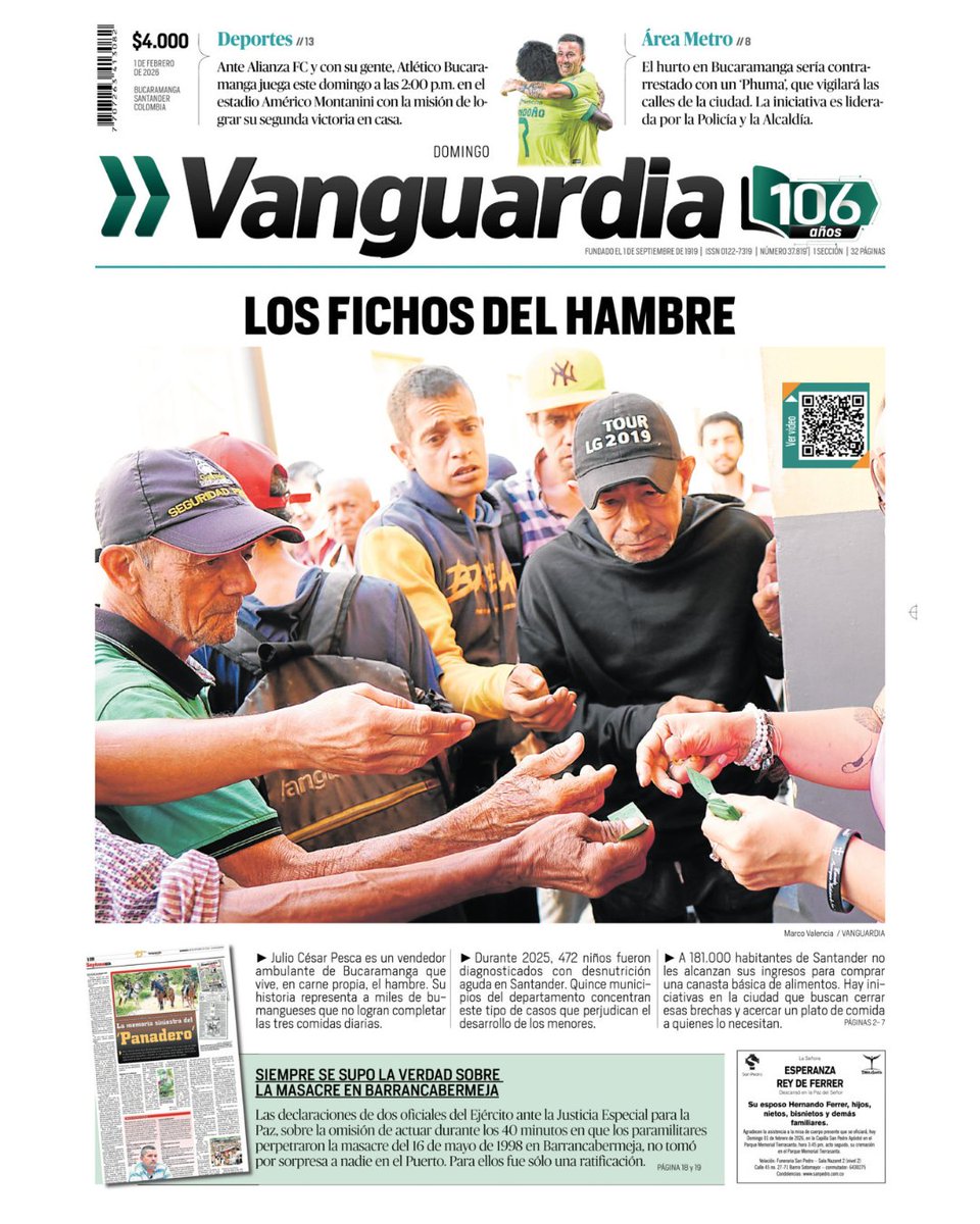 ☀️ ¡Buenos días y feliz Domingo!
🗞️ Les compartimos la #PortadaVanguardia de hoy:

🍽️ El hambre nos pasa factura: una radiografía de vivir con el estómago vacío.
🚓🛡️ Con un ‘Phuma’ reforzarán la lucha contra el hurto en Bucaramanga.
⚽💛 Atlético Bucaramanga quiere seguir