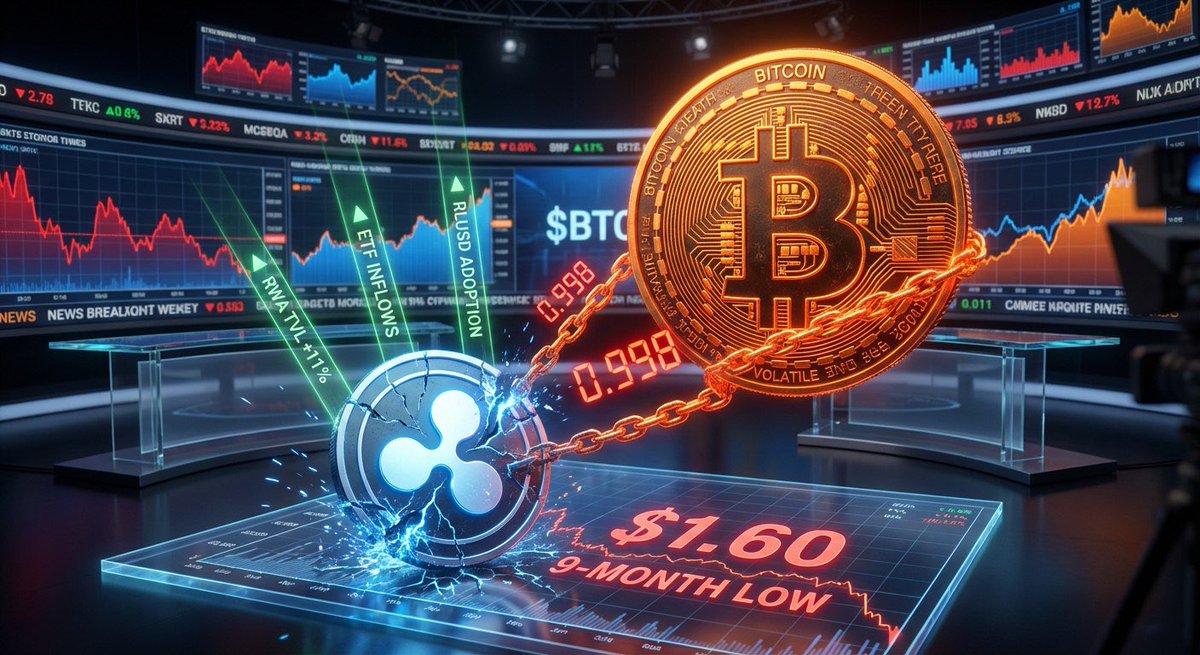 CryptoZ22859's tweet image. $235M TVL CAN'T SAVE XRP.

$XRP just flushed to a 9-month low near $1.60.

The fundamentals look strong. RWA TVL is up 11% to a record $235M, and ETF inflows are still on.

But it doesn't matter. The correlation to $BTC is 0.998. It's a puppet. Bitcoin's volatility is…