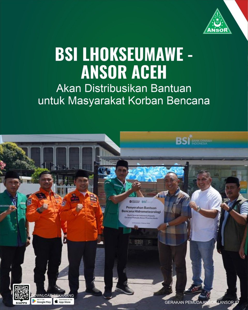 Official_Ansor's tweet photo. Lhokseumawe, 1 Februari 2026 — Bank Syariah Indonesia (BSI) Lhokseumawe menyalurkan bantuan kemanusiaan berupa paket sembako sebanyak satu mobil box kepada PW GP Ansor Aceh. Bantuan tersebut diserahkan sebagai bentuk kepedulian sosial dan dukungan terhadap upaya kemanusiaan yang dilakukan GP Ansor di Aceh.

Penyerahan bantuan dilakukan secara langsung kepada Ketua PW GP Ansor Aceh, Sahabat Azwar A. Gani, dan didampingi oleh Pimpinan Pusat GP Ansor, Sahabat Timbul Pasaribu. Bantuan ini diharapkan dapat segera didistribusikan kepada masyarakat yang membutuhkan serta memperkuat peran GP Ansor dalam pelayanan sosial dan kemanusiaan.