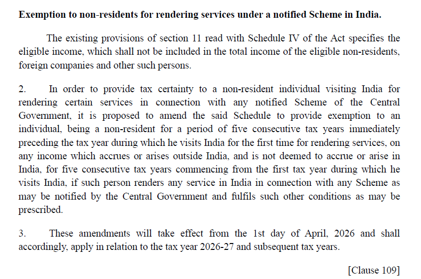 taxologyin's tweet photo. Exemption to attract Global Talent. Good Move.

To attract global experts, the government has proposed that non resident individuals visiting India under a notified Central Government scheme will be taxed only on Indian sourced income. Their foreign income will remain exempt for five consecutive years, even if they stay in India. 

This applies if the individual was a non resident in the preceding five years and will be effective from 1 April 2026, applicable from tax year 2026 27 onwards.