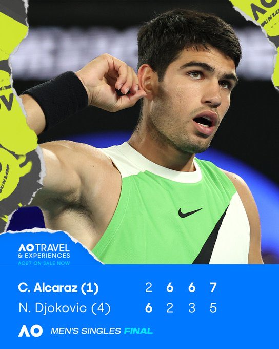Victoria 🥇 histórica de #CarlosAlcaraz gana su primer Open de Australia.

Se convierte en el más joven en ganar el Grand Slam.

Impide a Djokovic supere el récord de victorias de Margaret Courts con 24 victorias.