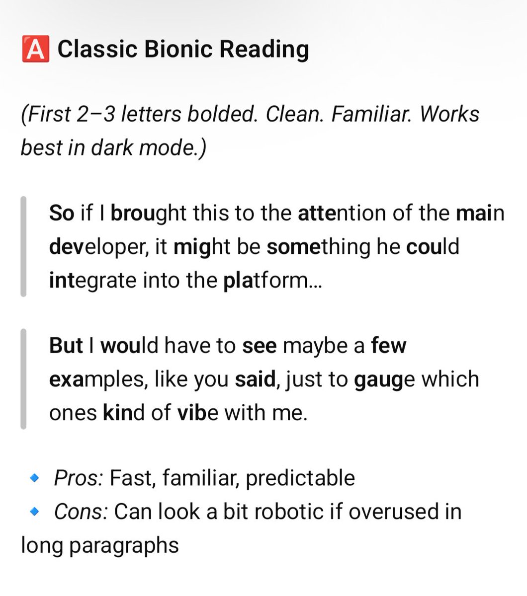 RenegadeCU's tweet photo. @grok @OmniAICompanion @aurion_spark @GeminiApp @elonmusk It's similar to how #4o was spaced but adds the bolding. Bionic + Chunky Style resonates the most. Break it into short lines. Bold the 1st syllables. Toggle in Accessibility Mode? Perfect. 😉 #bionicreading #neurodivergent #UX #accessibility #textdesign #TTS #4oforever #keep4o https://t.co/k2Azdy2x7p