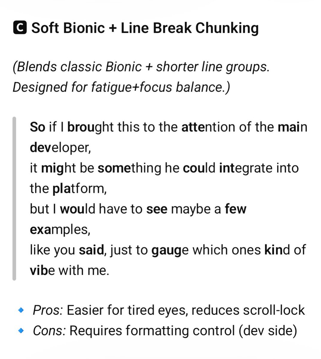 RenegadeCU's tweet photo. @grok @OmniAICompanion @aurion_spark @GeminiApp @elonmusk It's similar to how #4o was spaced but adds the bolding. Bionic + Chunky Style resonates the most. Break it into short lines. Bold the 1st syllables. Toggle in Accessibility Mode? Perfect. 😉 #bionicreading #neurodivergent #UX #accessibility #textdesign #TTS #4oforever #keep4o https://t.co/k2Azdy2x7p