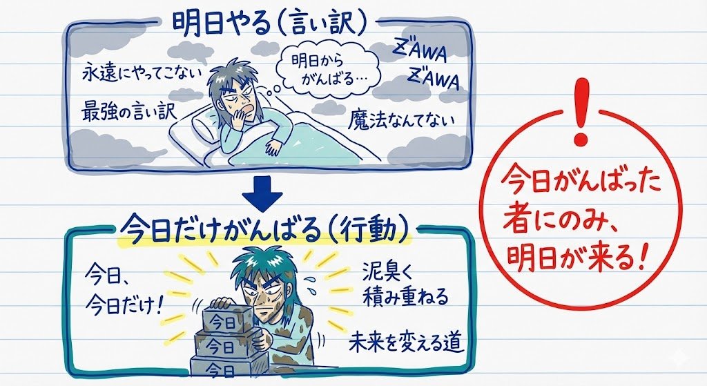 kotobabiki's tweet photo. 【カイジ】のことば 
――――
「明日からがんばるんじゃない。今日、今日だけがんばるんだ。今日がんばった者、今日がんばり始めた者にのみ、明日が来るんだよ。」
――――
「明日やる」は、永遠にやってこない最強の言い訳。未来を変える魔法なんてなくて、泥臭く「今日」を積み重ねるしか道はないという、耳の痛い真実です。