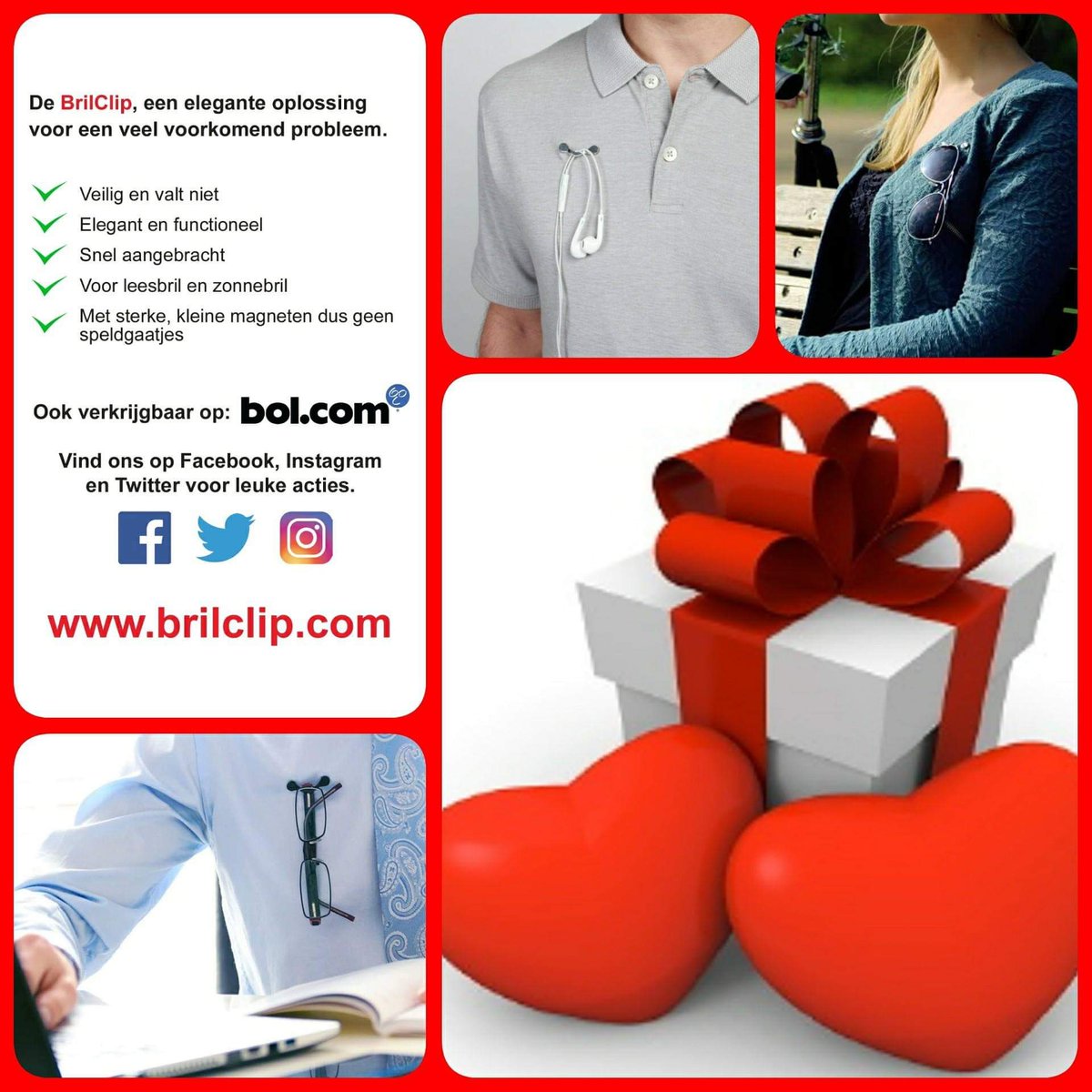 De BrilClip is een handig en mooi cadeautje voor Valentijnsdag! Voor hem en voor haar. Zelfs in rood leverbaar in een speciale verpakking, er kan ook een lief briefje bij naar wens. #Valentijnsdag #liefde #brilhanger #aanbieding <a href="/bol_com/">bol</a>