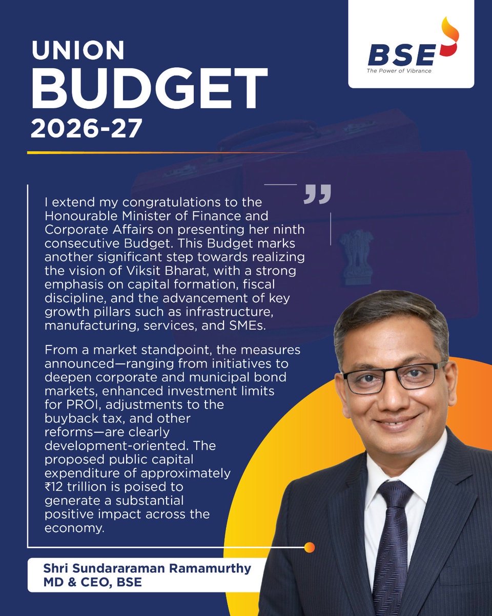 BSEIndia's tweet photo. Mr. Sundararaman Ramamurthy, BSE MD & CEO shares his views on Union Budget 2026-27, highlighting its focus on deepening capital markets and strengthening India’s long-term growth trajectory.

#UnionBudget2026 #CapitalMarkets #BSE #BSEIndia #IndianEconomy
#MarketReforms #LongTermGrowth  #Finance #IndiaGrowth