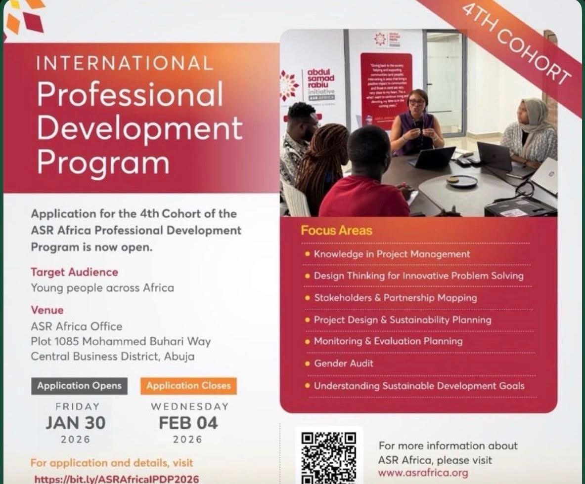 Abdul Samad Rabiu Africa Initiative (ASR Africa) invites young Nigerians to apply for the International Professional Development Program (IPDP) – 4th Cohort, fully funded. 

asrafrica.org/application-fo…