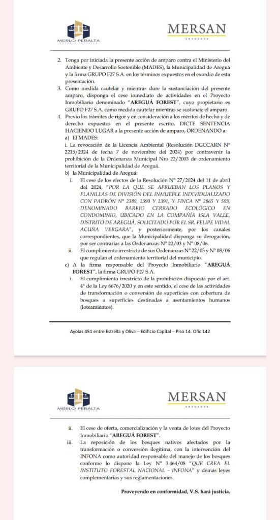 🔴 SOCIEDAD

➡️ Presentan amparo contra “Areguá Forest” por violaciones ambientales 

➡️ La acción judicial busca el cese inmediato de la oferta, comercialización y venta de lotes del emprendimiento, al que se atribuyen graves irregularidades legales y ambientales y de poner en