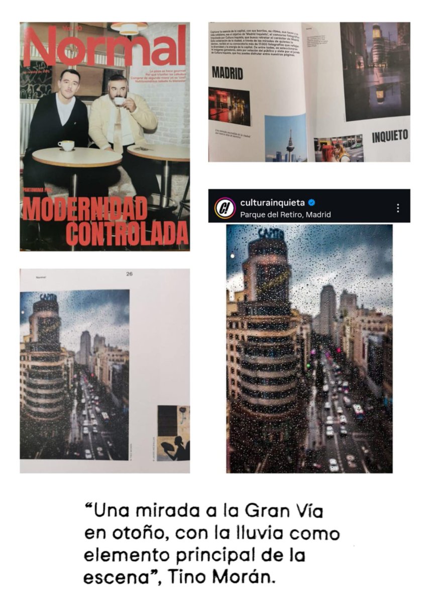 Tino_moran's tweet photo. Mi fotografía aparece en el artículo sobre el certamen Madrid Inquieto y sus ganadores que organizó Cultura Inquieta.
La publicación forma parte del número 10 de la Revista Normal y mi imagen puede verse en la página 26.
GRACIAS 😊 https://t.co/CRr9OtYFMD