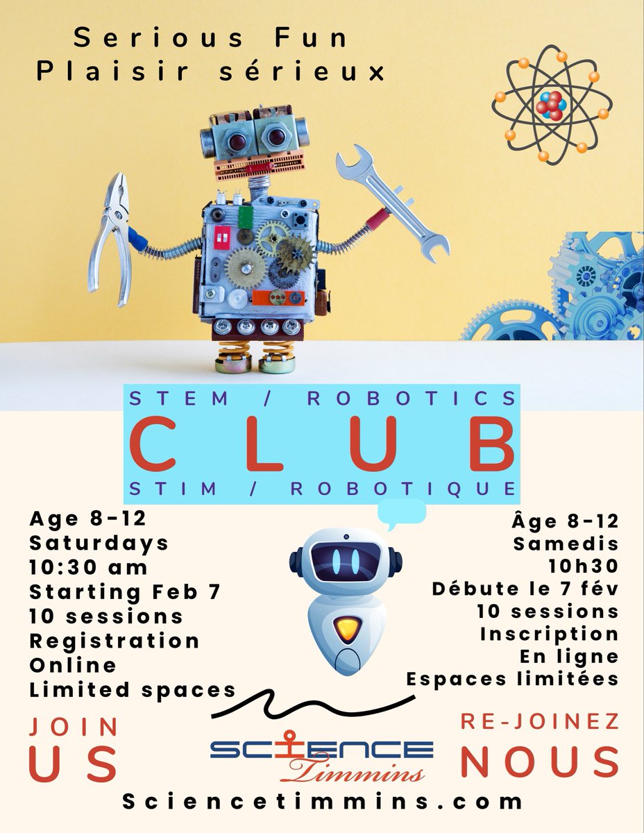 Spark your child's creativity by enrolling them in our STEM/Robotics Club! Designed for children aged 8 to 12, this program offers 10 sessions filled with hands-on, minds-on activities that will challenge and inspire them. 

 Stimuler la créativité de votre enfant en l'inscrivant