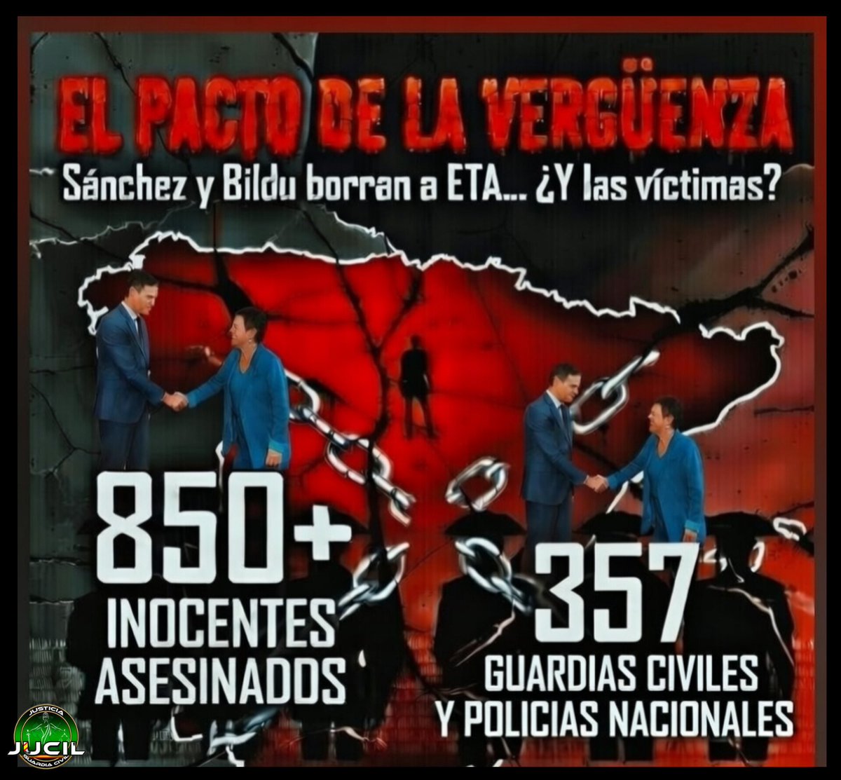🔴 #JUCIL DENUNCIA

𝗘𝗟 𝗣𝗔𝗖𝗧𝗢 𝗗𝗘 𝗟𝗔 𝗩𝗘𝗥𝗚𝗨𝗘𝗡𝗭𝗔 

❌ Sánchez pacta con la jefa del Comando Papel (Bildu) sacar a ETA de la lista de organizaciones terroristas de la UE.

❌ Jamás asesinar a más de 850 inocentes, 357 de ellos compañeros, había tenido semejante