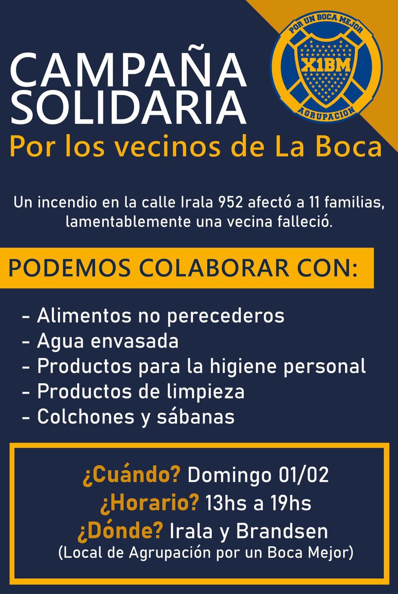 Hoy en previa de <a href="/BocaJrsOficial/">Boca Juniors</a> podés ayudar a los vecinos del barrio que sufrieron un incendio en sus viviendas la semana pasada. En local de <a href="/porunbocamejor/">Por un Boca Mejor</a> desde las 13h. 👇