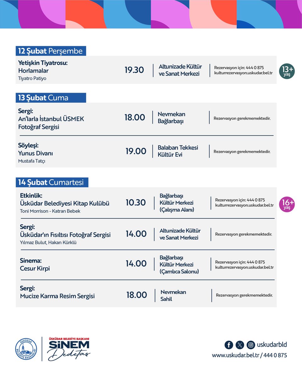 Üsküdar’da Şubat ayı etkinliklerimiz başladı! 🎭 

Konserlerden tiyatrolara, söyleşilerden sergilere kadar uzanan kültür-sanat programımızla bu ay da birlikteyiz. 

Şubat ayı takvimimizi inceleyerek ilginizi çeken etkinliklere katılabilir, Üsküdar’ımızda kültür ve sanat dolu