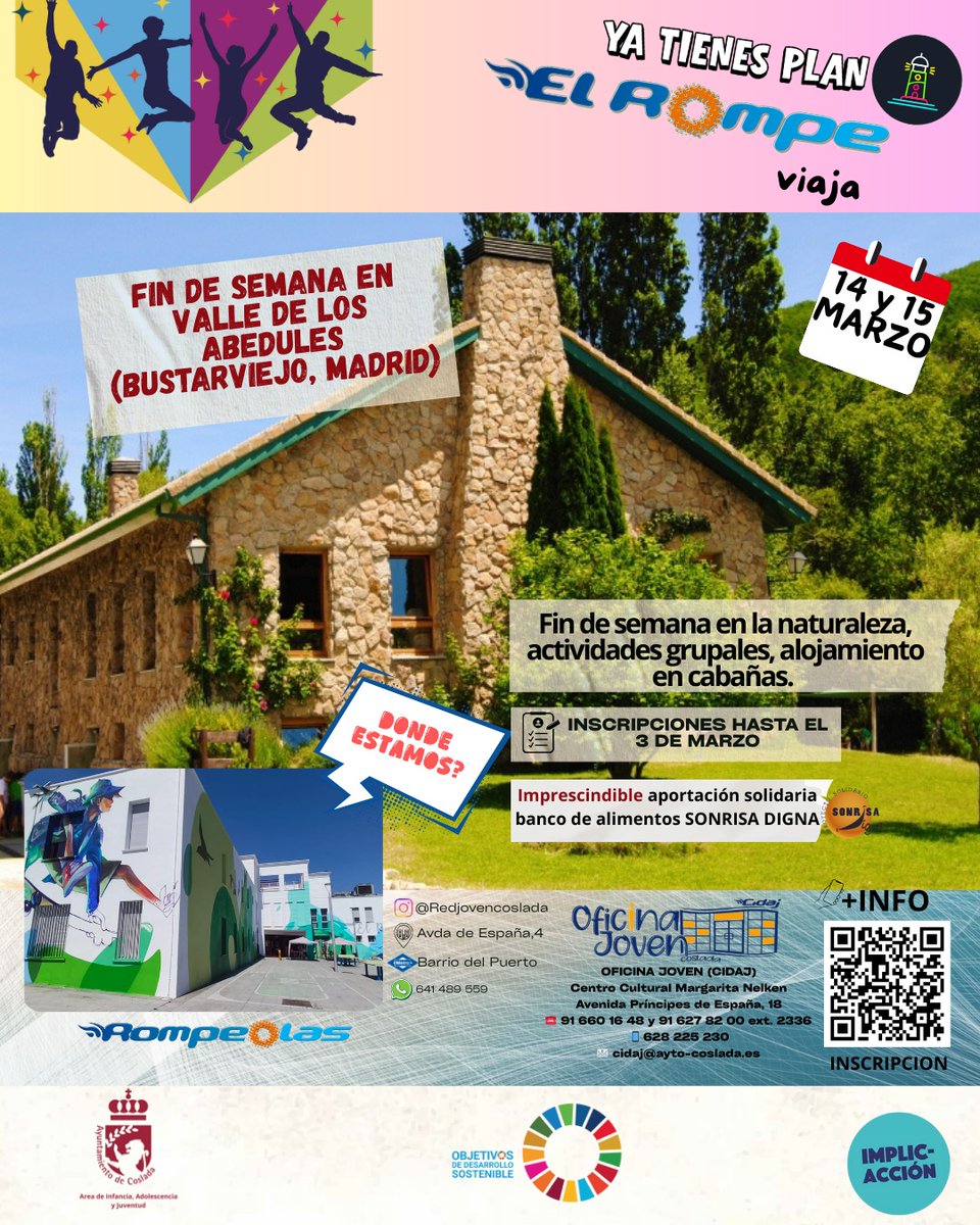 🌊 EL ROMPE VIAJA
Excursiones y naturaleza para jóvenes 12–17 años
🏛 Museo de Cera + Madrid
📅 Sáb. 28 feb | 🕙 10–17 h
⛰️ Valle de los Abedules (Bustarviejo)
📅 14–15 marzo
👉 Inscripción solidaria.
✍️ Plazas limitadas + info ⤵️ <a href="/Ayto_Coslada/">Ayuntamiento de Coslada</a> 
#CosladaEsJoven #ElRompeViaja