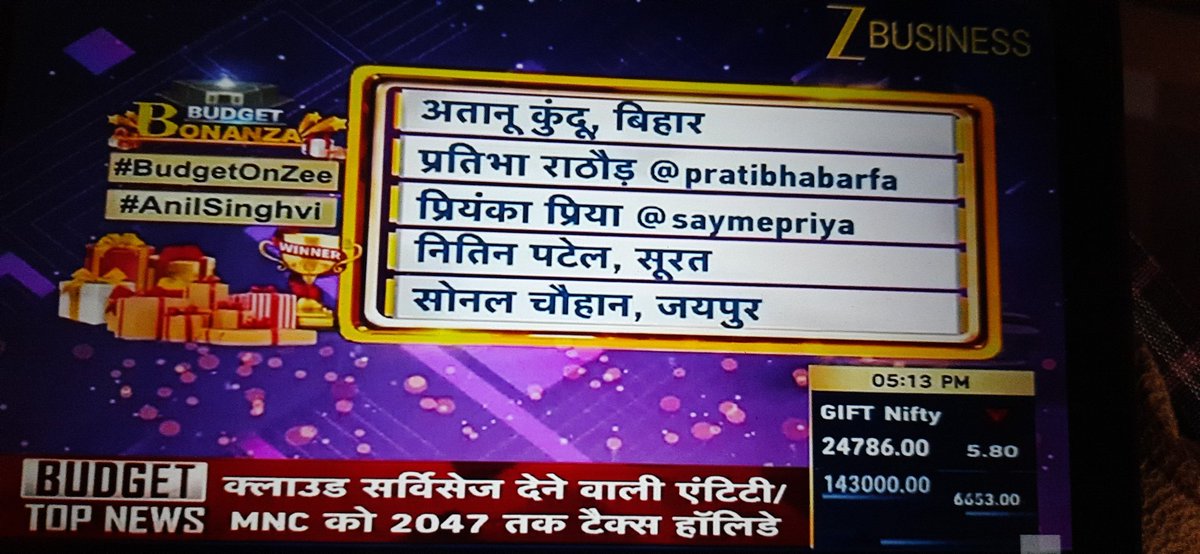 14th question winners in #BudgetOnZee #AnilSinghvi 

Congratulations all