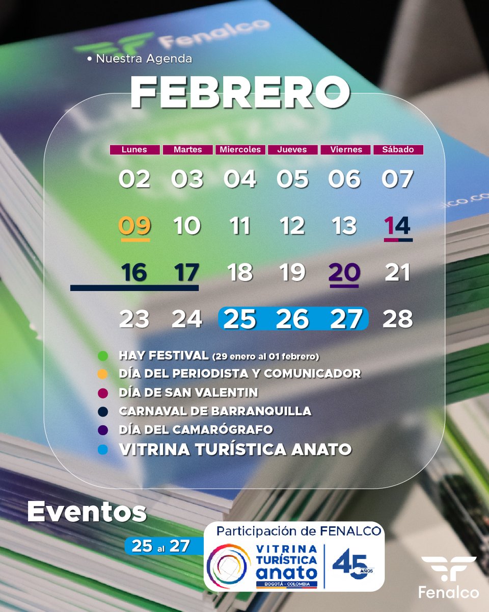 📅 Agenda FENALCO | Febrero

Compartimos nuestro calendario de febrero, con las principales actividades de la agremiación y fechas clave de interés para el sector empresarial y comercial.

Un mes para seguir conectados, informados y participando activamente en la agenda gremial.