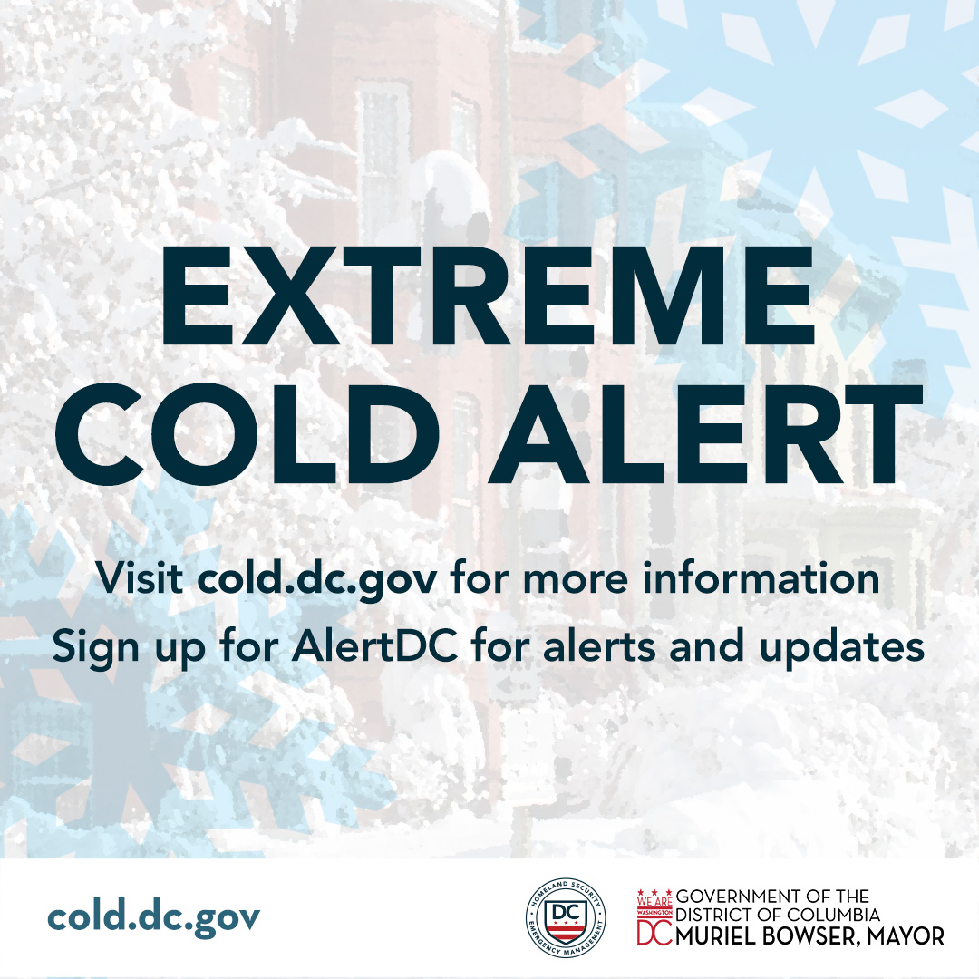 The cold continues 🥶 

DC remains under an Extreme Cold Alert until 7 AM tomorrow, 2/2. 
 
Daytime temperatures will feel like 5 degrees. Overnight temperatures will reach a low of 0 degrees with wind chill. 
 
Find shelter and other assistance at: cold.dc.gov