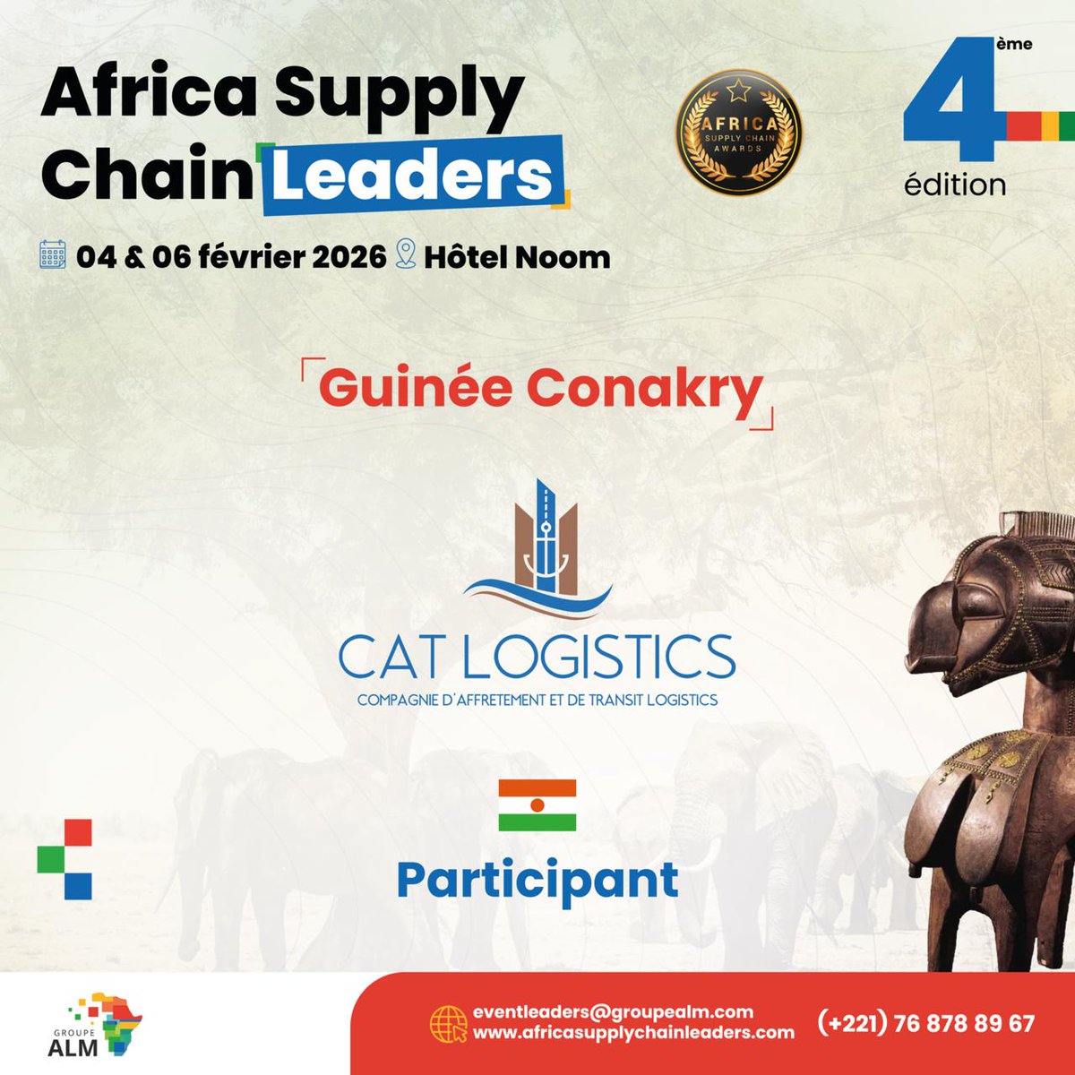 🚀 Nous avons le plaisir de vous annoncer la participation de CAT LOGISTICS, Représentant du Niger 🇳🇪 à la 4e édition de la Conférence des Africa Supply Chain Leaders.

#transport #logistics #supplychain #africalogistics #africasupplychain #infrastructures #guineeconakry #Guinée