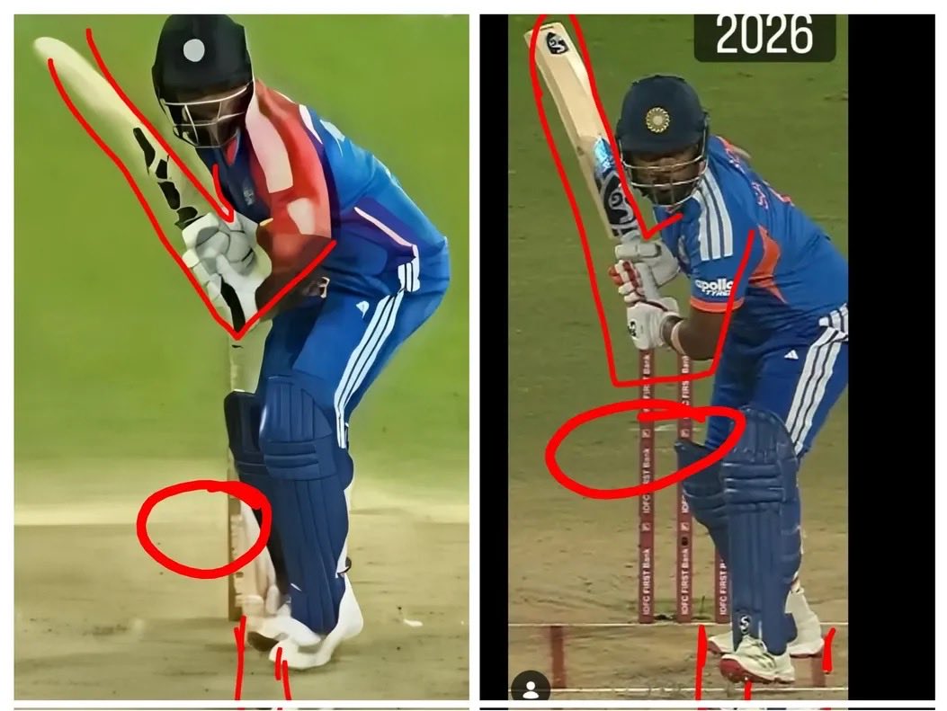 Crickishore_dk's tweet photo. Just thought anyalise it look
The picture in the left he played in south africa last year and right is now what stance he plays 
 • holding bat itself is. Change 
• nows shows the 2 stumps 
• look backfoot in 2026 is not equal it's 
@IamSanjuSamson #CricketAnalysis https://t.co/HLbkNHXlyx