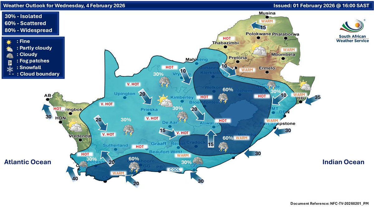 Weather outlook for Tuesday and Wenesday, 03 - 04 February 2026.
Partly cloudy &amp; warm to hot conditions are expected with isolated to scattered showers &amp; thundershowers possible over the central &amp; eastern parts of RSA. #saws #weatheroutlook #southafricanweather