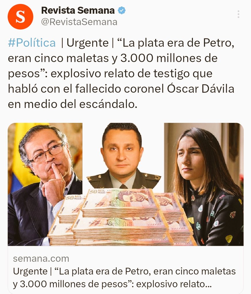 🚨NO OLVIDAR🚨

“La plata era de Petro, eran cinco maletas y 3.000 millones de pesos”: explosivo relato de testigo que habló con el fallecido coronel Óscar Dávila en medio del escándalo.

¿Por eso lo "SUICIDARON"? 🧐