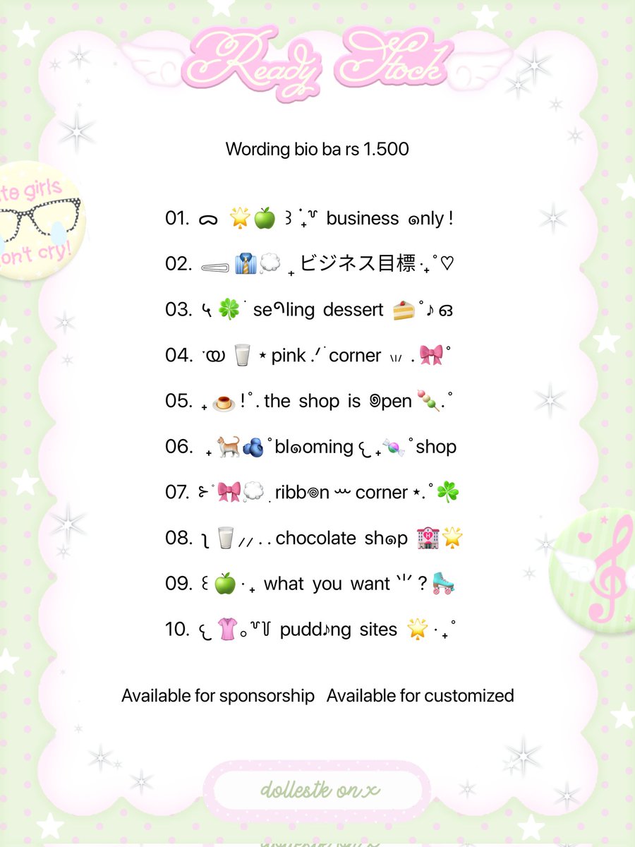 dollestk's tweet image. 🌟🍏 𐂯 help repost please! sankyuuu ﹆ 🎹

moshi moshi! おはよう 🐈🍡
aku ada 10 wording bio short ba dengan tema cute core 1.500 / each dan avail sponsor juga! Grab your love here, ダーリン 👔💭

#zonauang