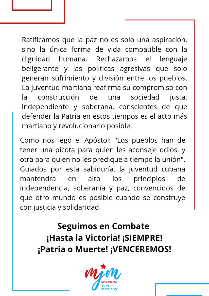 mjm_cuba's tweet photo. 🇨🇺| "Lo martiano ahora, es ser patriota y antiimperialista".

⭐| El Movimiento Juvenil Martiano dice NO ❌ ante la arremetida estadounidense contra nuestro país.

#MJMCuba https://t.co/b3iElgoWwP