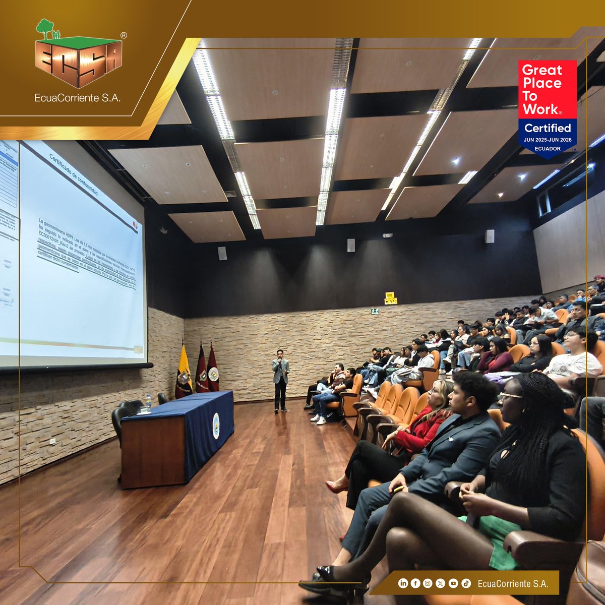 ECSA participó en las Primeras Jornadas Mineras 2026 de la Universidad Central del Ecuador, con una conferencia magistral sobre el sistema de impermeabilización del Depósito de Relaves Tundayme y las buenas prácticas aplicadas en la mina Mirador.