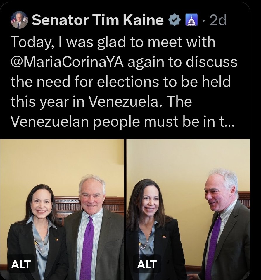 Maria Corina en su lobby nada más y nada menos que con Tim Kaine; un ejemplo perfecto del globalismo del establishment que Trump está buscando desmantelar.

 Una de las principales voces demócratas contra su política exterior.  Rrepresenta el corazón del establishment demócrata
