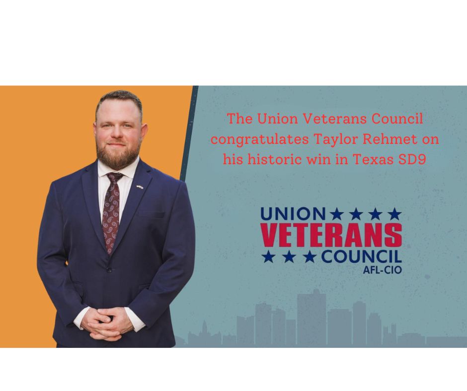 unionveterans's tweet photo. Huge win for #SD  Congrats to @TaylorRehmetTX on his election to the Texas State Senate.

Taylor brings the discipline of a veteran and the grit of an @IAM__Union leader to Austin. From the military to the labor movement, he’s always put service first.

#UnionStrong #LaborVotes https://t.co/byimjNsYCt