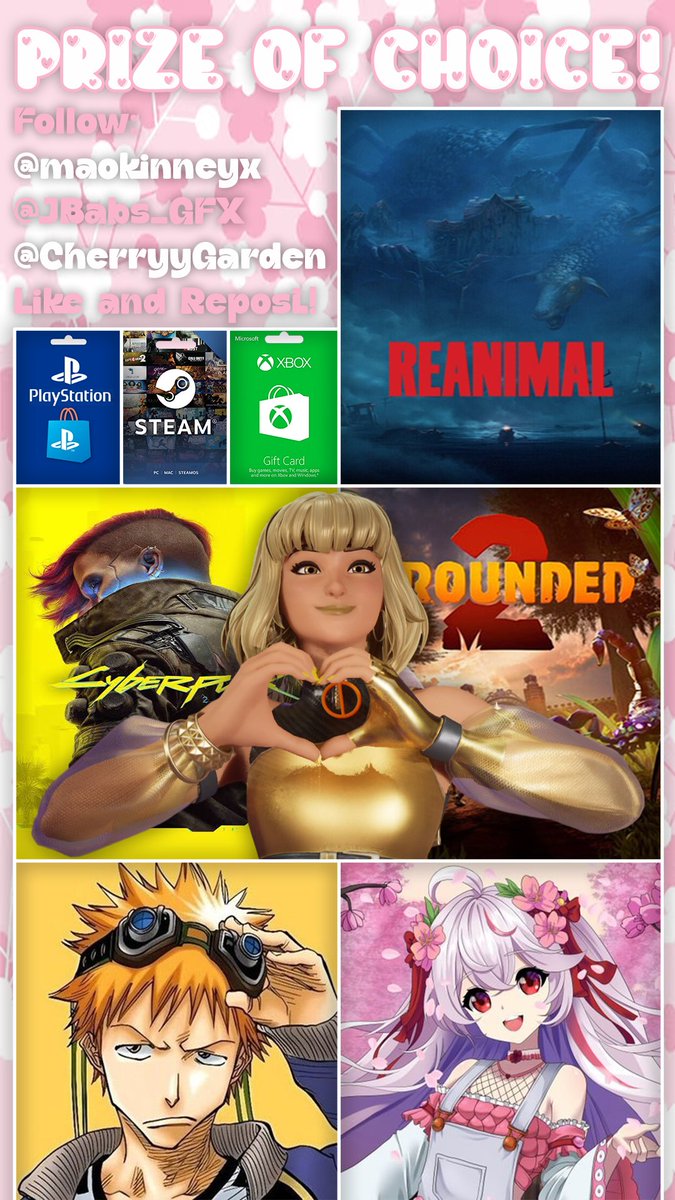 CherryyGarden's tweet image. 🏆Prize of choice x6 winner 🏆 

Steps: 
- Follow: @JBabs_GFX, @maokinneyx and me (@CherryyGarden)

- Like 💓 and repost ♻️

- comment: the game you are currently playing and what its about

Ends: 🌸 feb 14th valintine days 🩷

*See comments for prize list*

⚠️ you must do all…