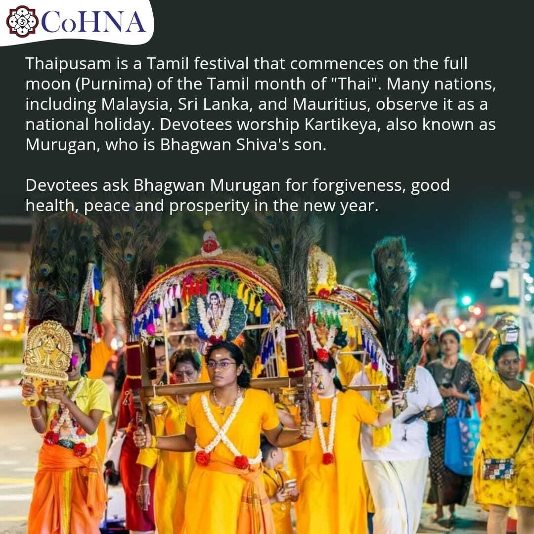 Thaipusam or Thaipoosam is a vibrant festival that includes chanting, drumming, and street processions. Many devotees also participate in the Kavadi Attam (Burden Dance), in which they walk barefoot while carrying heavy shrines on their heads to represent the burdens they bear in