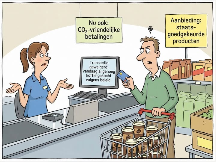 VANDAAG GEEN KOFFIE VOOR U !.
Het begon met een bonusje in een app. Een energiecompensatie die je alleen bij aangesloten winkels kon besteden, een cultuurtegoed dat werkte bij een beperkt rijtje theaters. Handig, doelmatig, goed voor de economie. Wie kan daar tegen zijn?
Pas